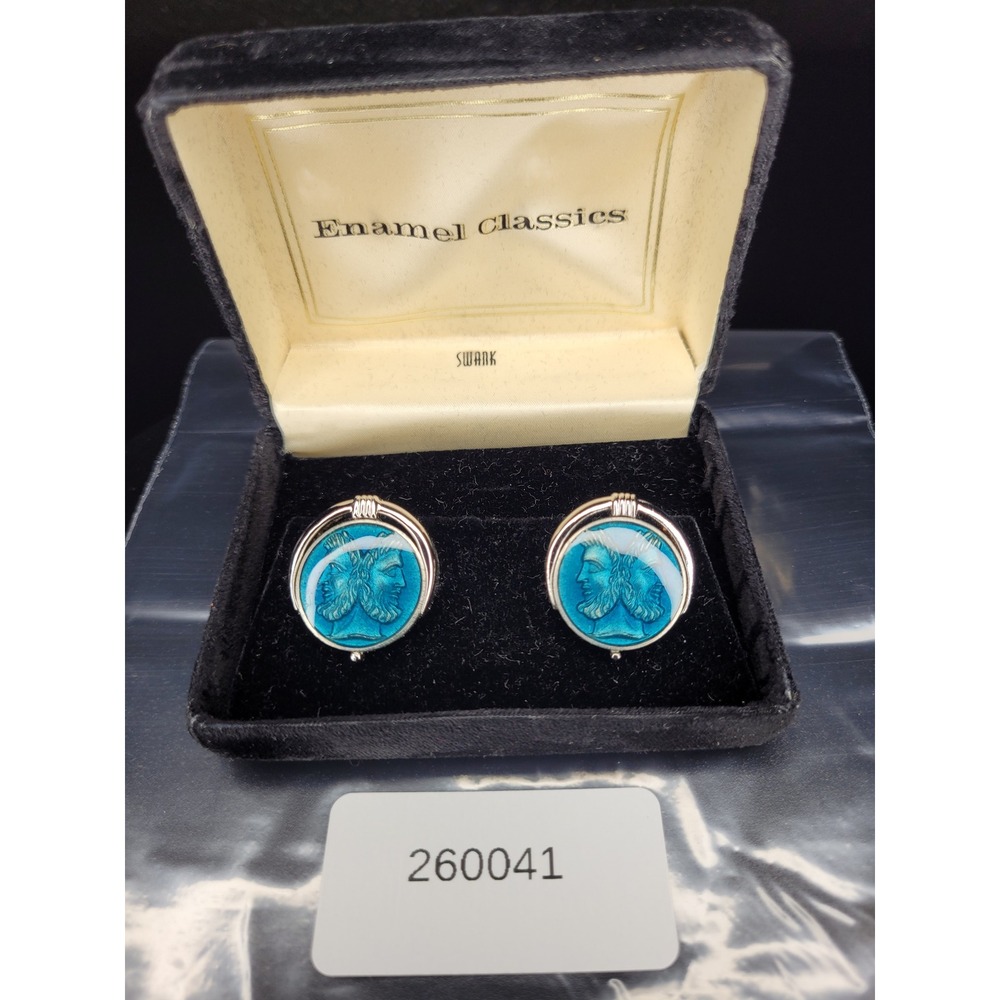 Swank Cufflinks Teal Blue Janus Head Enamel Classics Silver Tone Round Boxed